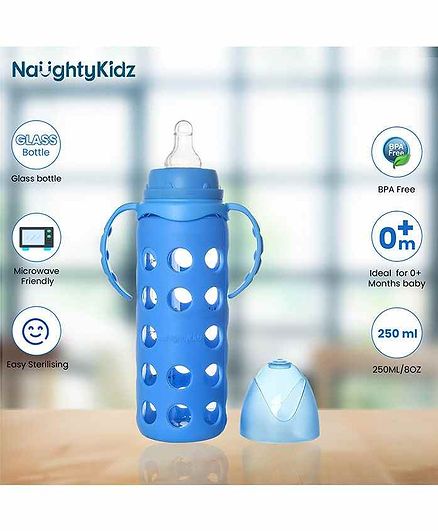 Naughty Kidz Glass Feeding Bottle With Warmer 2 Nipples Blue 250 Ml Online In India Buy At Best Price From Firstcry Com 8342436