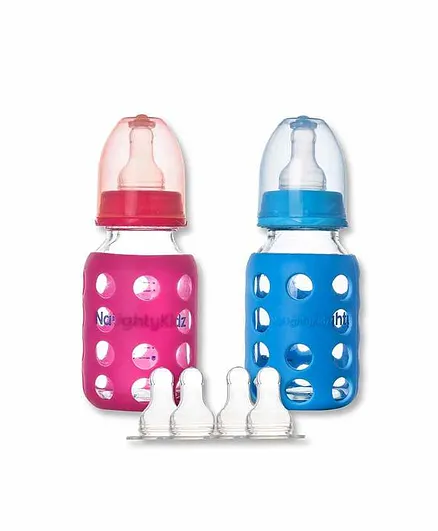 Naughty Kidz Premium Glass Feeding Bottle Set of 2 with 4 Teats and Cover Pink Blue - 120 ml Each