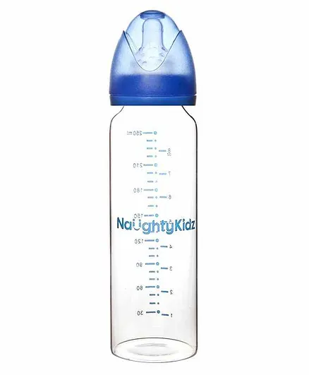 Naughty Kidz Premium Glass Feeding Bottle & 2 Teats Blue - 250 ml