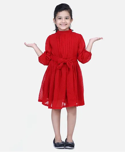 Fairies Forever Three Fourth Sleeves Swiss Dot Dress - Red