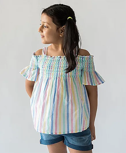 A Little Fable Half Sleeves Off Shoulder Rainbow Striped Top - Multi Colour