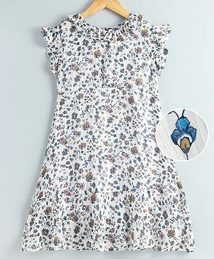 Kiddopanti Cap Sleeves Floral Print Dress - White & Blue