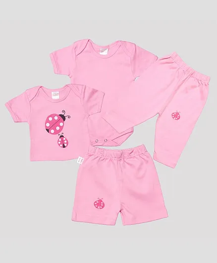 Grandma's Combo Set Half Sleeves Lady Bug Print Tee With Onesie & Pajama & Shorts Set - Pink