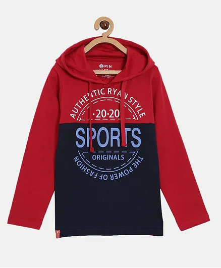 3PIN Full Sleeves Text Printed Hooded Tee - Red