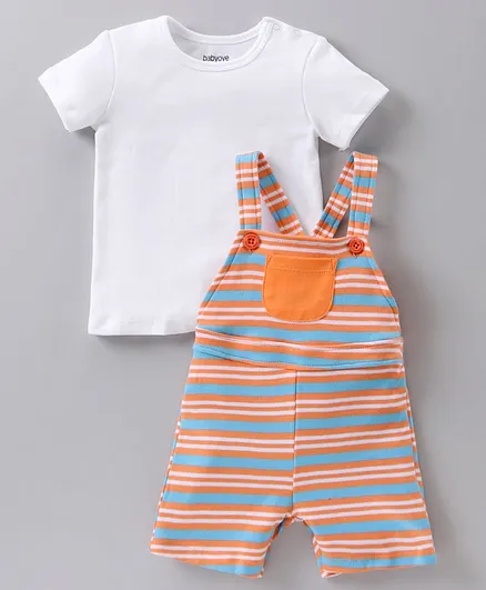 Babyoye Cotton Biowash  & Stripe Fabric Dungaree with Half Sleeves Tee - Orange
