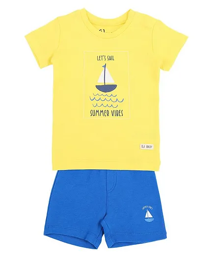 GJ BABY Half Sleeves Ship Print T-Shirt & Shorts Set - Yellow