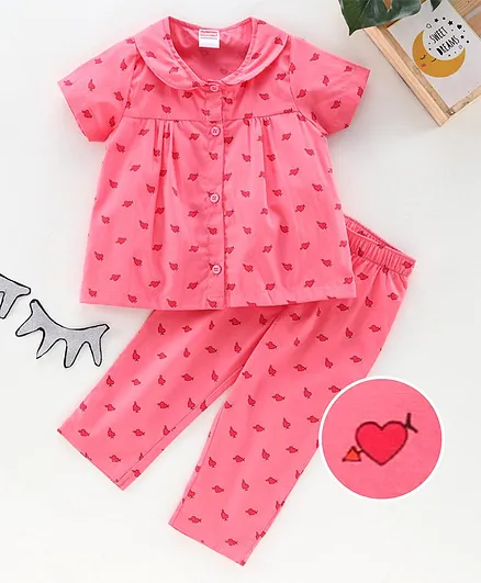 Babyhug Cotton Half Sleeves Night Suit Hearts Print - Pink