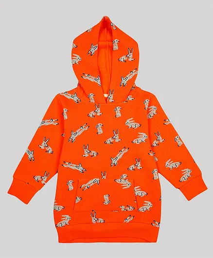 Nino Bambino Full Sleeves Bunny Printed Organic Cotton Hoodie - Orange