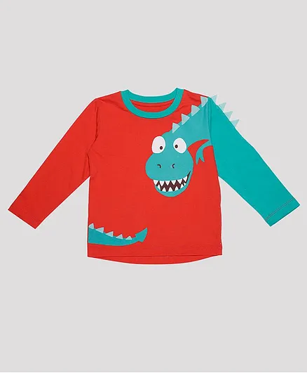 Nino Bambino 100% Organic Cotton Full Sleeves Dinosaur Print T-Shirt - Red