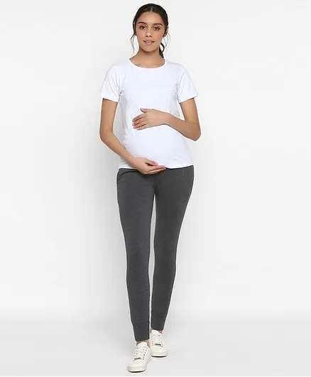 Wobbly Walk Solid Colour Over Belly Full Length Maternity Joggers - Grey