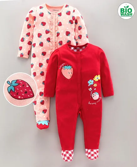 Babyoye Full Sleeves Footed Sleepsuit Strawberry Print Pack of 2 - Red