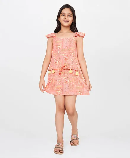 Global Desi Girl Cap Sleeves Floral Print Dress - Coral Pink