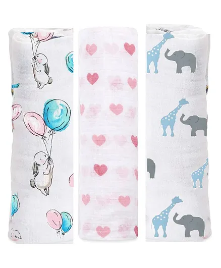 Elementary Organic Cotton Muslin Swaddle Wrappers Flying Bunny, Hearts & Animal Print Set of 3 - Pink & Blue