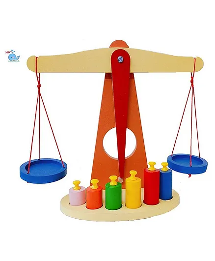 HNT Kids Wooden Beam Balance Weighing Scale Toy - 6 Weights Pieces