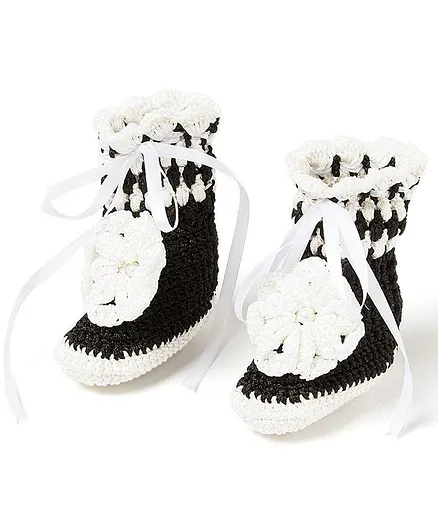 Funkrafts Flower Applique Crochet Boots - Black & White