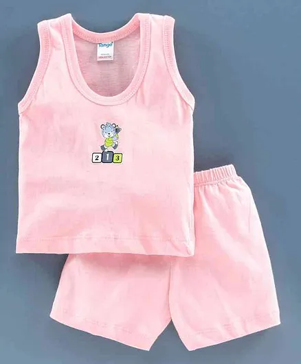 Tango Sleeveless Vest And Shorts Set Teddy Print - Pink