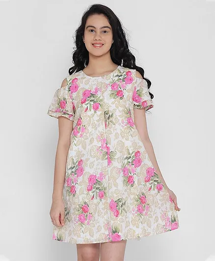 Natilene Half Sleeves Cold Shoulder Printed Polyester Dress - Beige