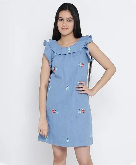 Natilene Sleeveless Floral Embroidery Cotton Dress - Blue