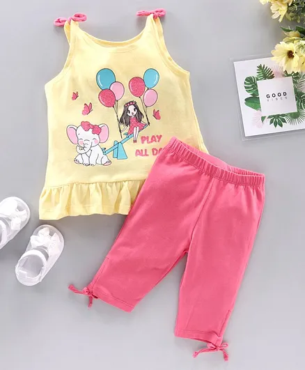 Babyhug Sleeveless Top & Capri Doll Print - Yellow Pink