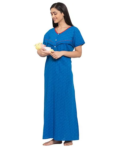 Fabme Short Sleeves Maternity & Nursing Nighty - Light Blue