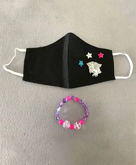 Kalacaree Unicorn Design Face Mask & Beaded Bracelet Set - Black & Pink