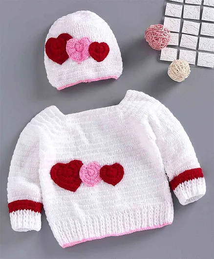 USHA ENTERPRISES Full Sleeves Hearts Embroidered Crochet Sweater With Cap - White