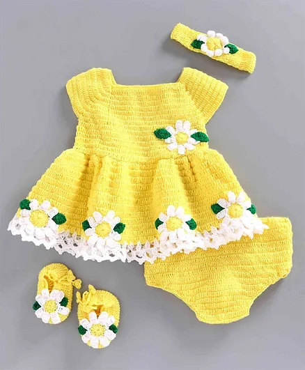 USHA ENTERPRISES Short Sleeves Floral Applique Dress With Bloomer & Headband With Booties - Yellow