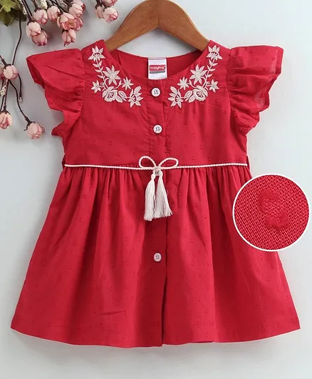 Babyhug Flutter Sleeves Frock Floral Embroidery - Red