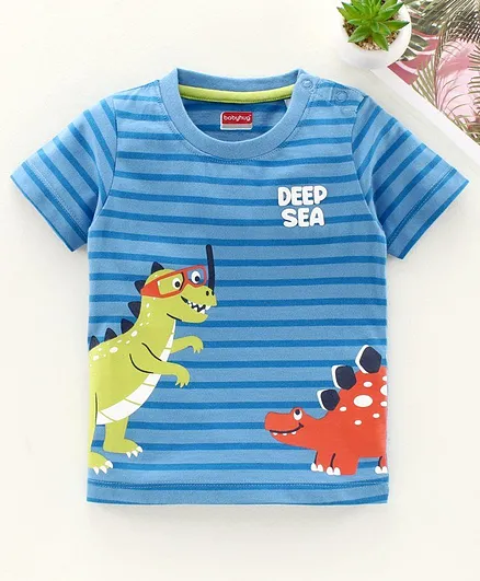 Babyhug Half Sleeves Biowashed Striped Tee Dino Print - Blue