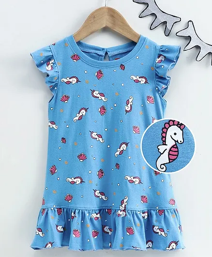 Babyhug Cap Sleeves Nighty Seahorse Print - Blue