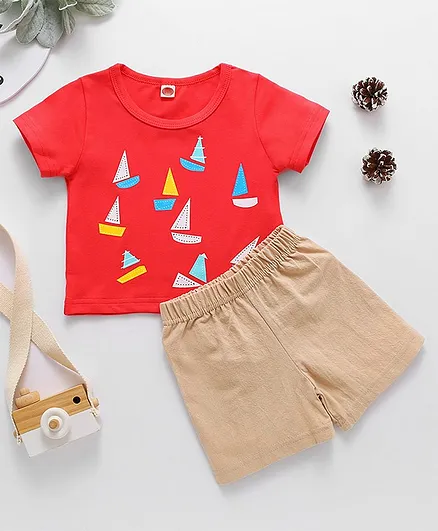 Kookie Kids Half Sleeves Tee & Shorts Ship Print - Red Brown