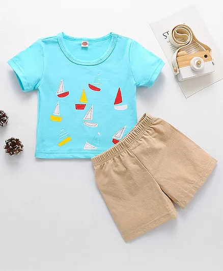 Kookie Kids Half Sleeves Tee & Shorts Boat Print - Blue