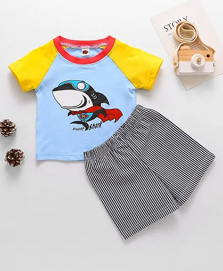 Kookie Kids Raglan Sleeves Tee & Stripe Shorts Super Shark Print - Blue Yellow