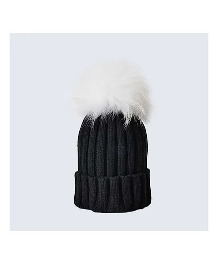 Syga Cotton Woolen Cap with Pom Pom Black - Circumference 48 to 54 cm