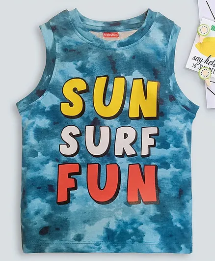 Babyhug Sleeveless Biowashed Tee Sun Surf Fun Print - Blue