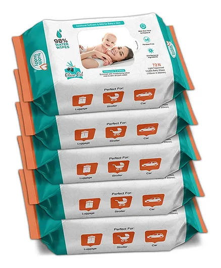 Buddsbuddy Combo of 5 Skincare Baby Wet Wipes With Aloe Vera - 72 Pieces