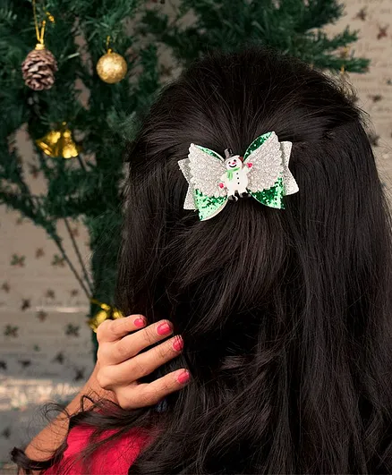 Arendelle Christmas Shinny Snowman Bow Design Hair Clip - Green
