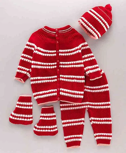 Babyhug Full Sleeves Sweater Set With Cap & Booties - Red