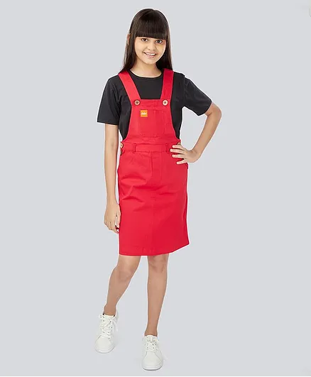 Olele Sleeveless Solid Colour Dungaree Style Dress - Red
