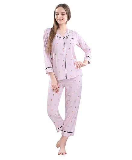 Piu Don't Carrot All Print Full Sleeves Maternity Night Suit - Pink