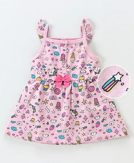 Baby Naturelle & Me Cap Sleeves A Line Printed Frock Bow Applique - Pink
