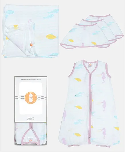 Ooka Baby Newborn Care Gift Set Seahorse Print Blue - Set of 5