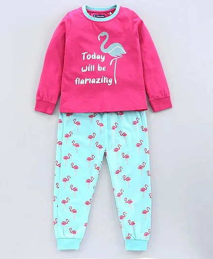 Pine Kids Full Sleeves Biowashed Night Suit Flamingo Print - Mint Fuchsia