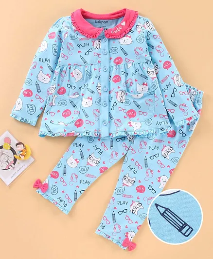 Babyoye Full Sleeves Cotton T-Shirt & Pajama Set Pencil Print - Blue