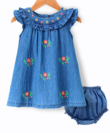 Babyoye Cotton Denim Cap Sleeves Frock With Bloomer Floral Embroidery - Blue
