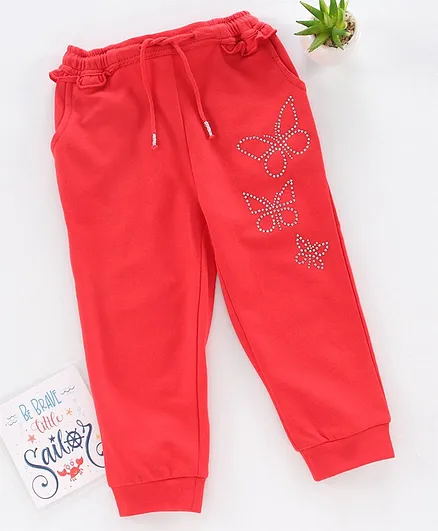 Babyoye Full Length Cotton Lounge Pant with Studded Butterflies - Red