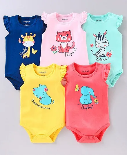 Babyoye Short Sleeves Onesie Animal Print Pack of 5 - Pink