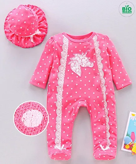 Babyoye Full Sleeves Laced Footed Sleepsuit with Hat Polka Dot Print - Pink