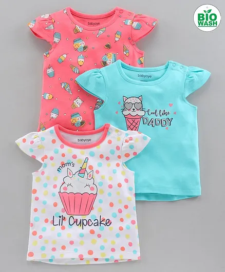 Babyoye Cotton Cap Sleeves Tops Cupcake & Ice Cream Print Pack of 3 - Pink Blue White