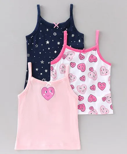 Babyoye Cotton Singlet Camisoles Star & Heart Print Pack of 3 - Pink Blue